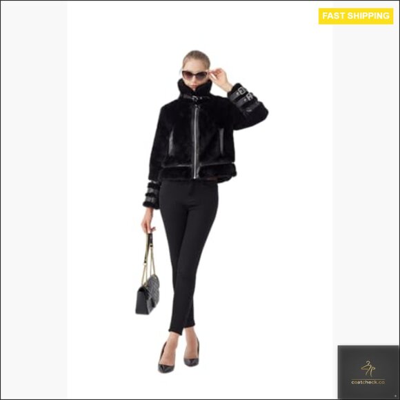 Faux Fur Cropped Jacket Belted Winter Coat Fuzzy Cuff Zipper Chic Warm - Picture 6 of 7